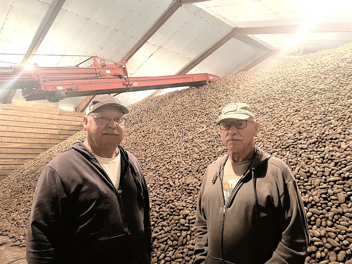 Neal and Pat Fleming stand in front of a mountain of seed potatoes – their final harvest after 70 years as a family business. (Kristi  Niemeyer/Leader)