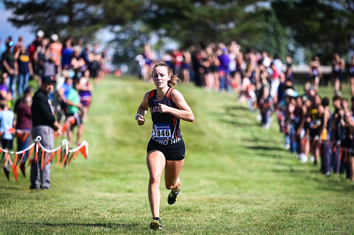 Flathead's Lilli Rumsey Eash heads to the finish line at the Flathead Invite at Rebecca Farm on Friday, Sept. 9, 2022. (Casey Kreider/Daily Inter Lake)