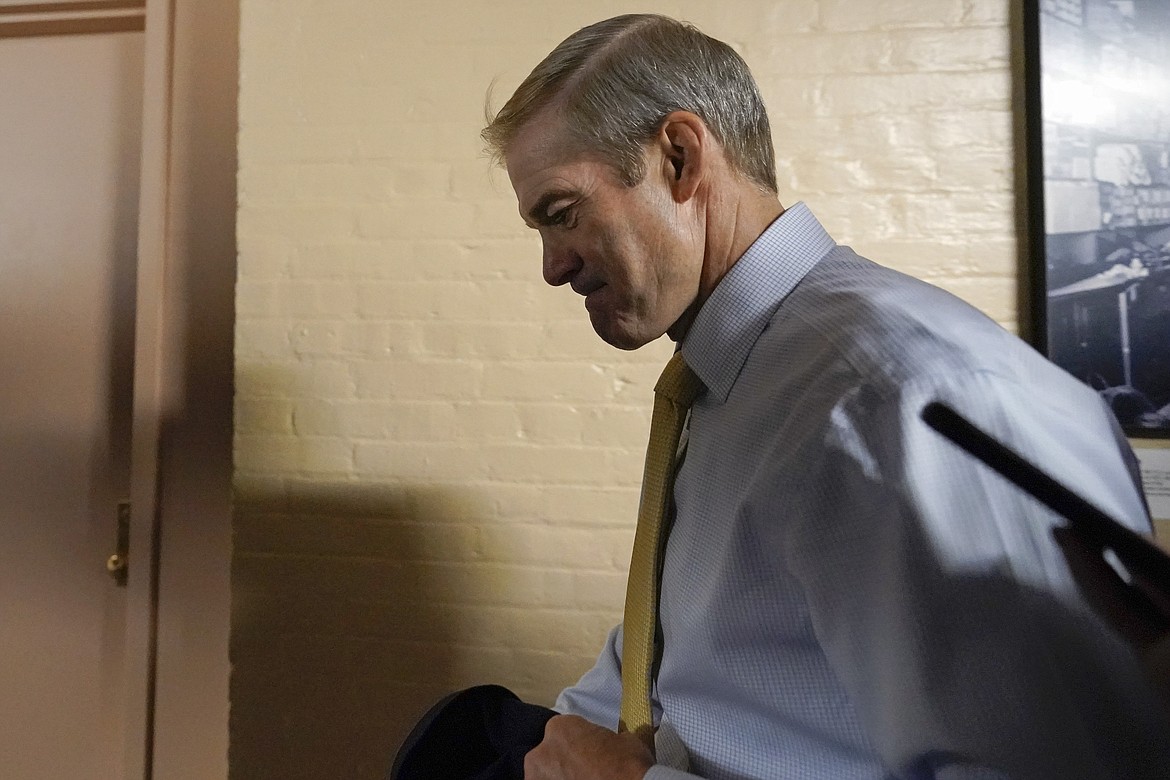 Rep. Jim Jordan, R-Ohio, chairman of the House Judiciary Committee, arrives for the Republican caucus meeting at the Capitol in Washington, Thursday, Oct. 19, 2023. (AP Photo/Alex Brandon)
