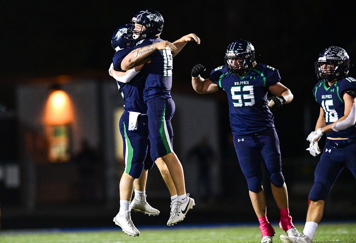 Glacier defender Easton Kauffman (19) celebrates after recovering a fumble in the first half against Missoula Sentinel at Legends Stadium on Thursday, Oct. 19. (Casey Kreider/Daily Inter Lake)