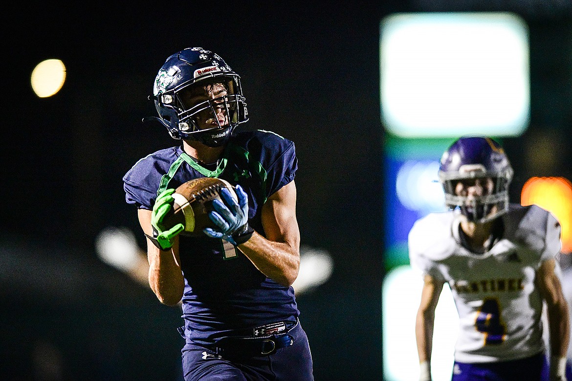 Glacier wide receiver Cohen Kastelitz (1) pulls in a 38-yard touchdown reception in the fourth quarter against Missoula Sentinel at Legends Stadium on Thursday, Oct. 19. (Casey Kreider/Daily Inter Lake)