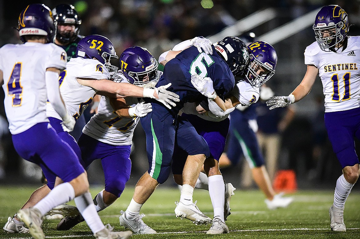 Glacier running back Kash Goicoechea (6) picks up yardage on a run in the third quarter against Missoula Sentinel at Legends Stadium on Thursday, Oct. 19. (Casey Kreider/Daily Inter Lake)