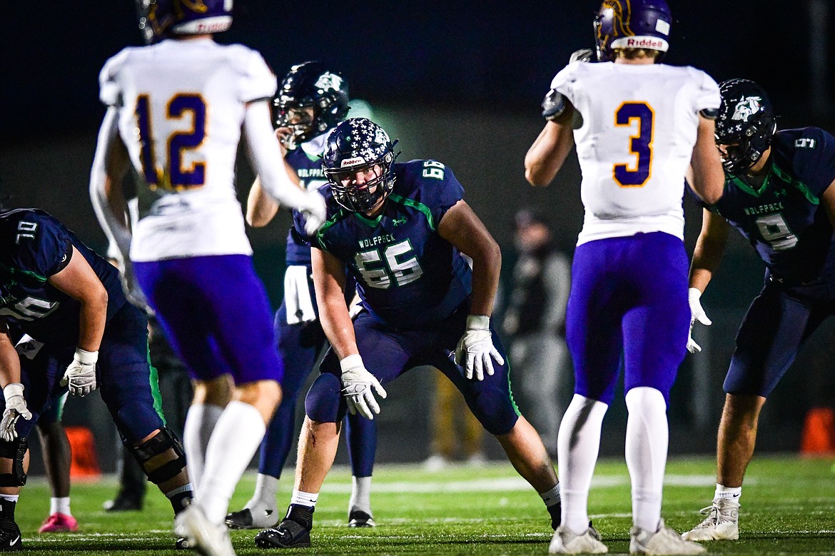 Glacier lineman Henry Sellards (66) lines up against Missoula Sentinel at Legends Stadium on Thursday, Oct. 19. (Casey Kreider/Daily Inter Lake)