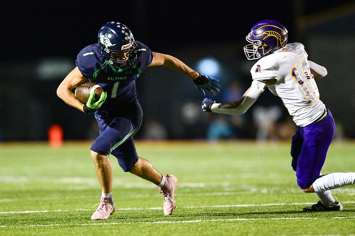 Glacier wide receiver Cohen Kastelitz (1) scores a touchdown on a 34-yard reception in the third quarter against Missoula Sentinel at Legends Stadium on Thursday, Oct. 19. (Casey Kreider/Daily Inter Lake)