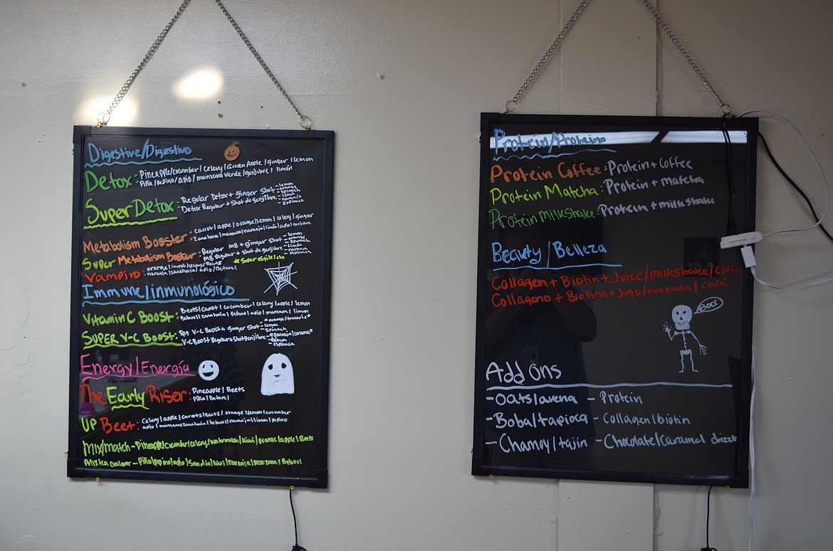 The drink menu shows the health juices and drinks offered at Othello’s Heavenly Fresh. Drinks are grouped by what aspect of health they support, such as the digestive system or the immune system.