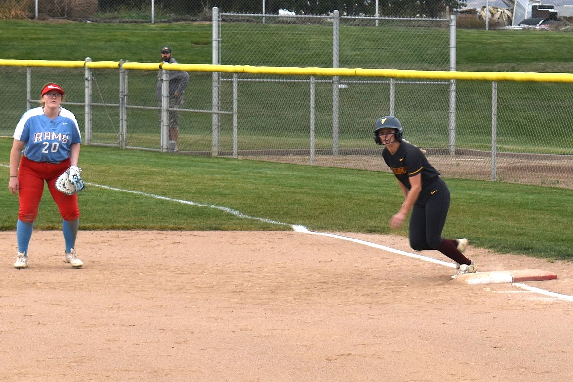 Moses Lake senior Trinity Nations, right, leads off of first base on Tuesday against West Valley (Yakima).