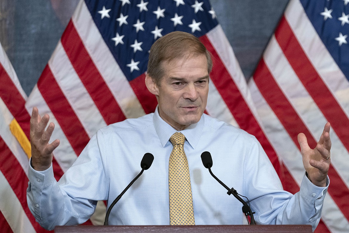 Rep. Jim Jordan, R-Ohio, House Judiciary chairman and staunch ally of Donald Trump, meets with reporters about his struggle to become speaker of the House, at the Capitol in Washington, Friday, Oct. 20, 2023. (AP Photo/Jose Luis Magana)