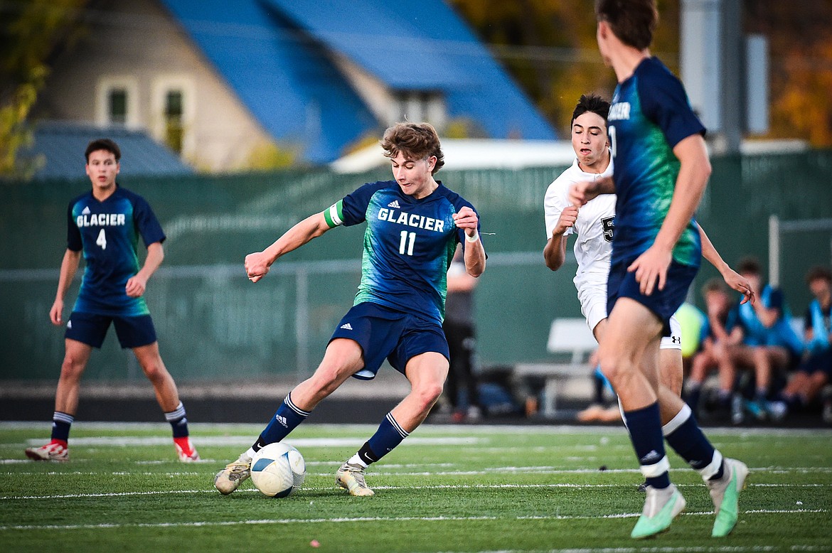 Glacier's Hans Coggins (11) shoots in the first half against Billings West at Legends Stadium on Friday, Oct. 20. (Casey Kreider/Daily Inter Lake)