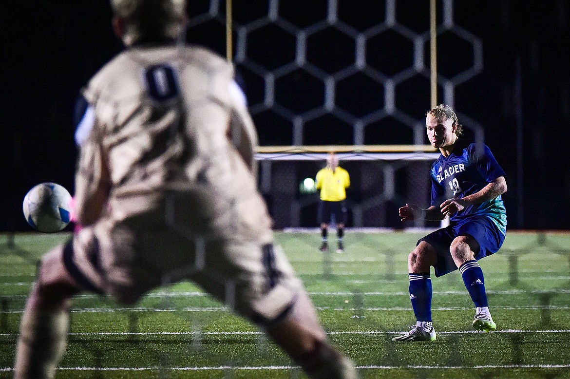 Glacier's Hunter Lisowski (10) scores in the overtime round of penalty kicks against Billings West at Legends Stadium on Friday, Oct. 20. (Casey Kreider/Daily Inter Lake)