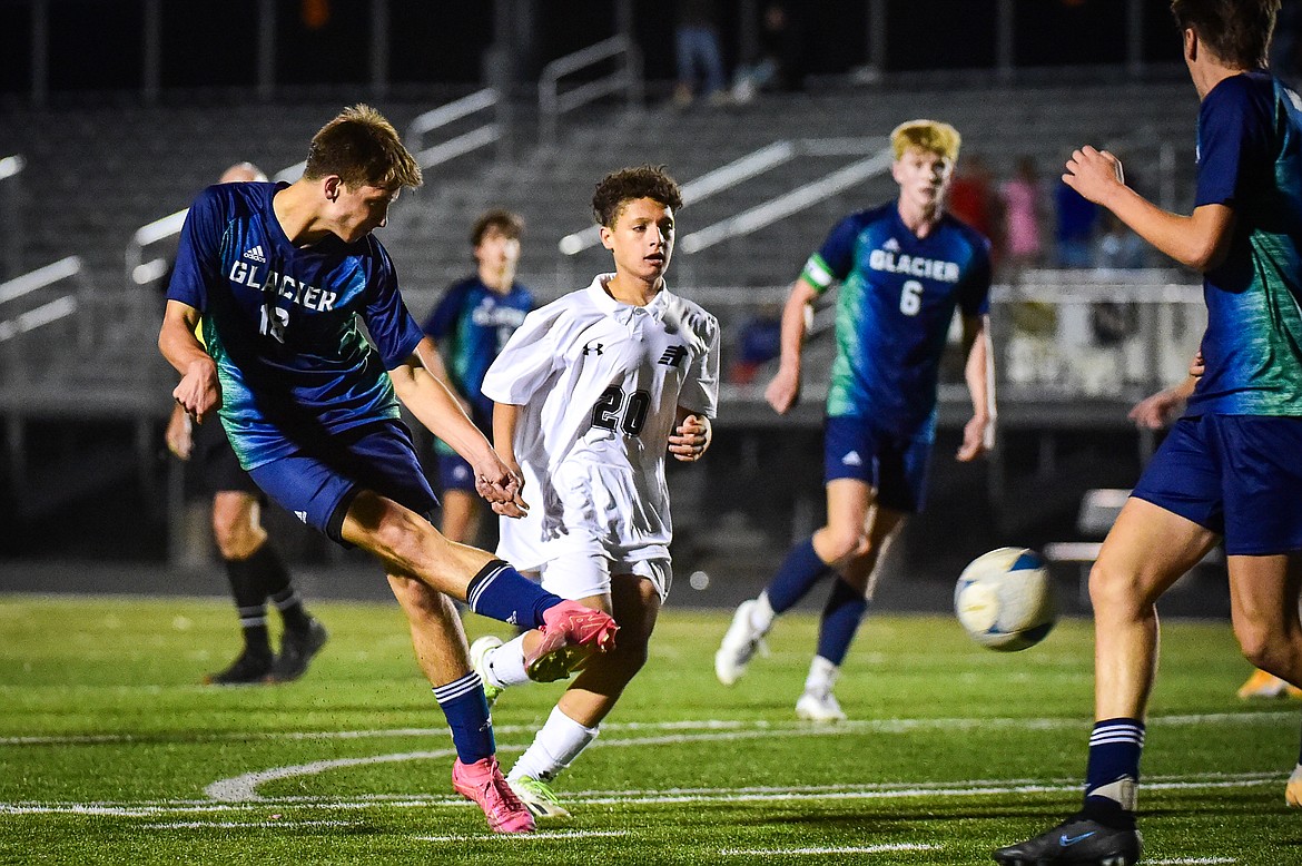 Glacier's Elias Holly (18) shoots in the second half against Billings West at Legends Stadium on Friday, Oct. 20. (Casey Kreider/Daily Inter Lake)