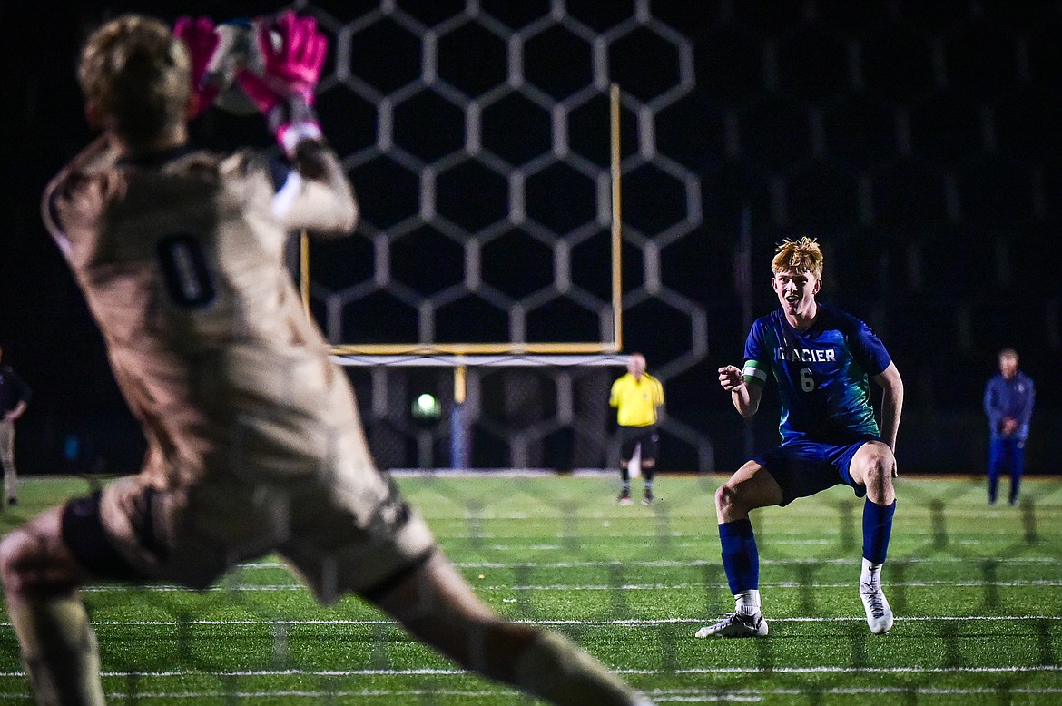 Glacier's Liam Ells (6) scores in the overtime round of penalty kicks against Billings West at Legends Stadium on Friday, Oct. 20. (Casey Kreider/Daily Inter Lake)