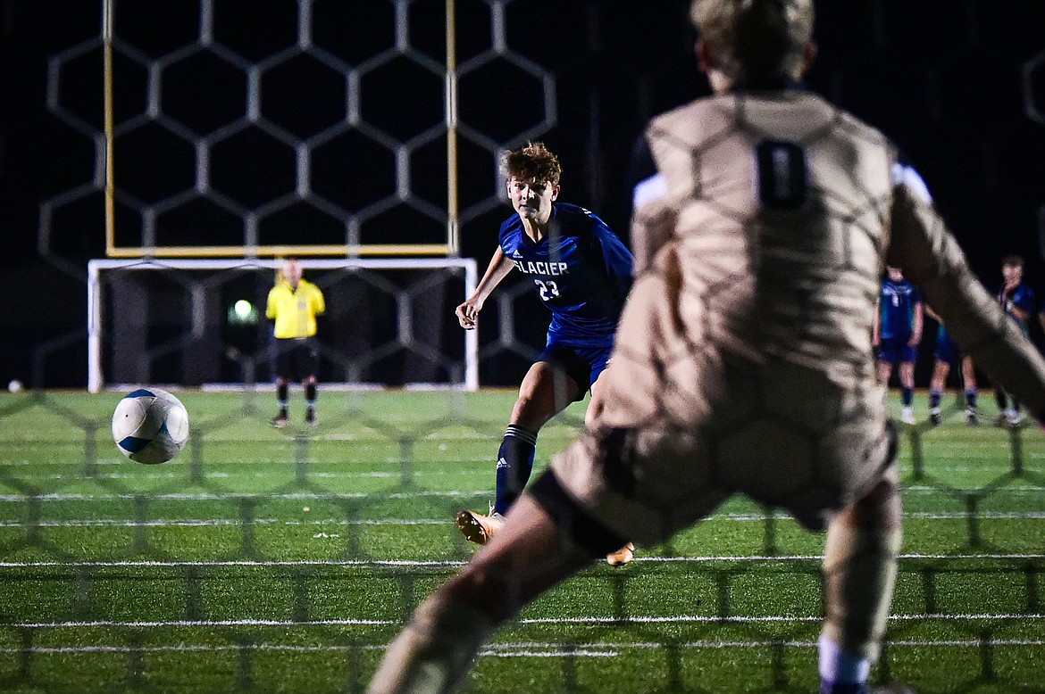 Glacier's Liam Breding (23) scores in the overtime round of penalty kicks against Billings West at Legends Stadium on Friday, Oct. 20. (Casey Kreider/Daily Inter Lake)