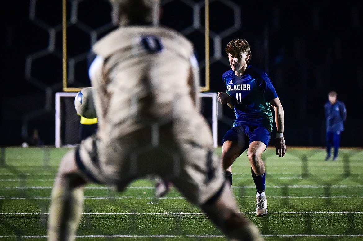 Glacier's Hans Coggins (11) scores in the overtime round of penalty kicks against Billings West at Legends Stadium on Friday, Oct. 20. (Casey Kreider/Daily Inter Lake)