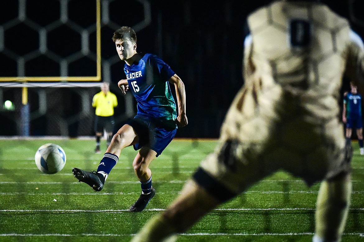 Glacier's Bridger Dalla Betta (15) scores in the overtime round of penalty kicks against Billings West at Legends Stadium on Friday, Oct. 20. (Casey Kreider/Daily Inter Lake)