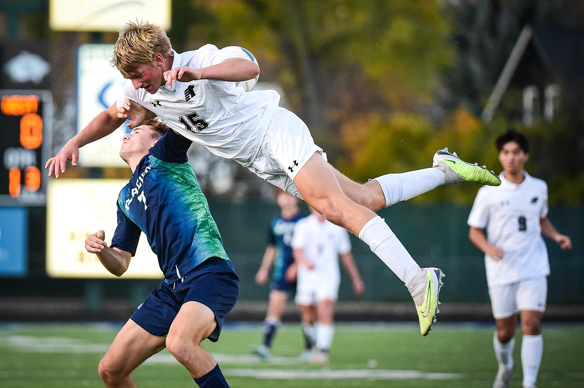 Glacier's Joey Paolini (7) battles for a header with Billings West's Calvin Paczkowski (15) in the first half at Legends Stadium on Friday, Oct. 20. (Casey Kreider/Daily Inter Lake)