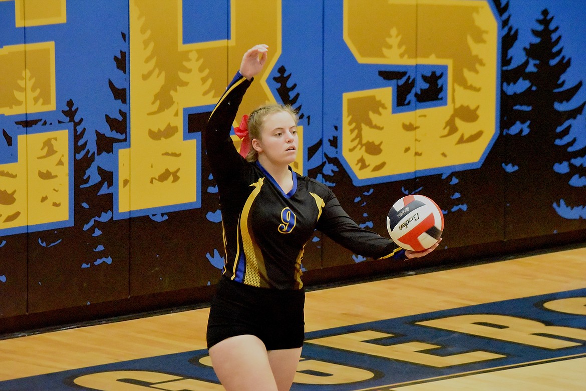 Libby's Allison Beaty serves against Bigfork during their match on Thursday, Oct. 19. (Scott Shindledecker/The Western News)