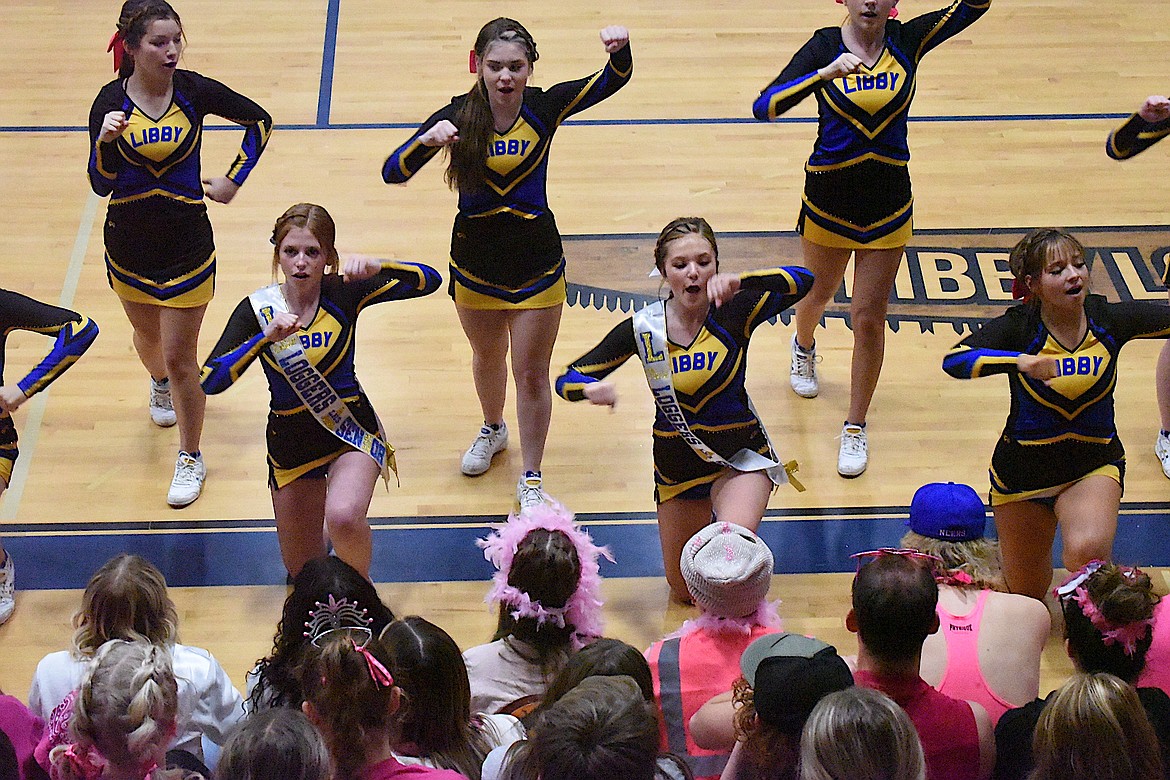 The Libby cheer squad performed well at the Thursday, Oct. 19 volleyball match against Bigfork. (Scott Shindledecker/The Western News)