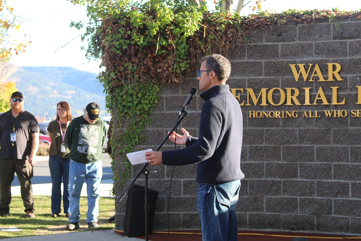 Mayor Shelby Rognstad gave a speech thanking veterans for their service at a ceremony celebrating a new bench at War Memorial Field.