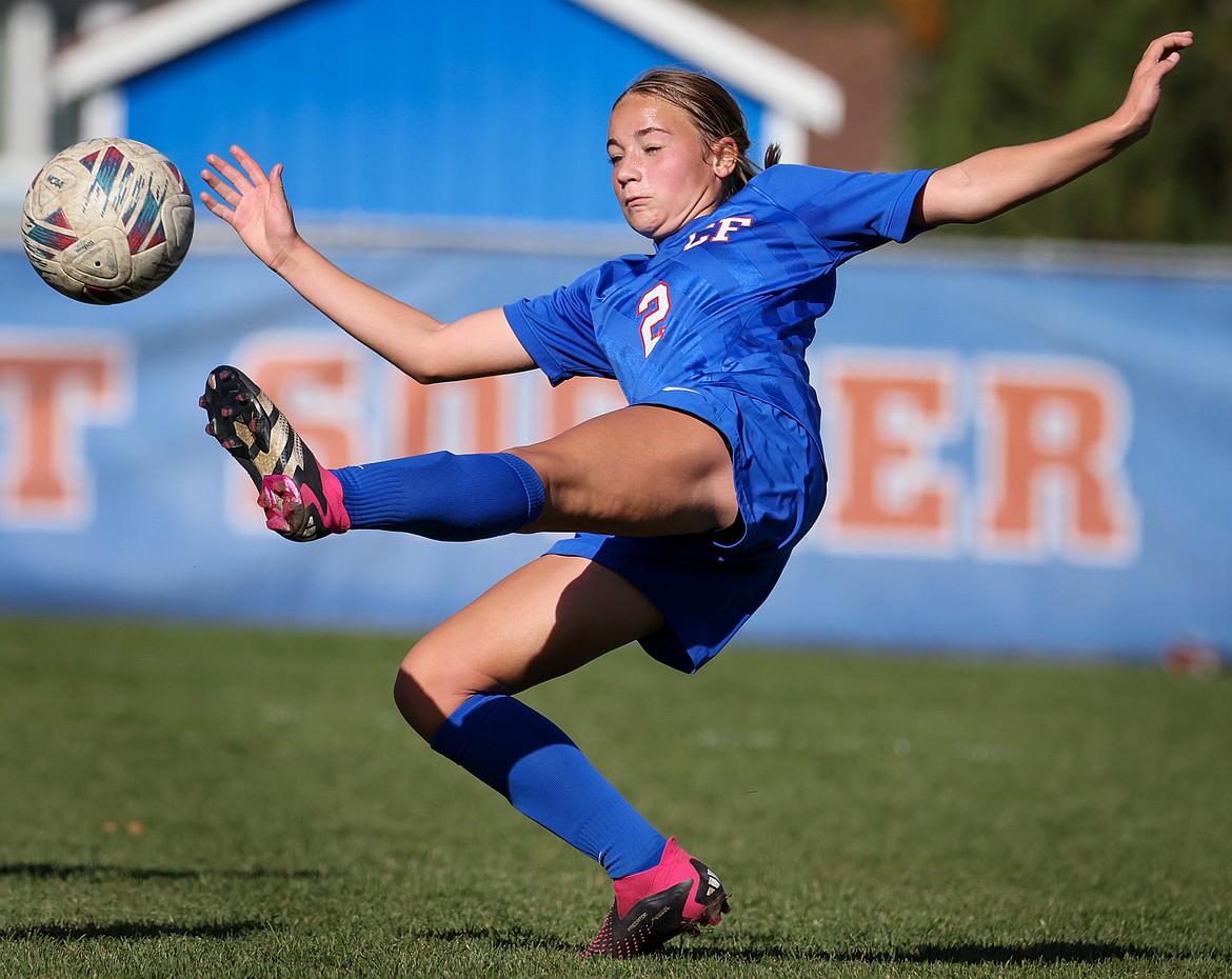 The Wildkat's Tatiana Raymond clears the ball during State A semifinal soccer action in Columbia Falls Saturday, October 21. (Jeremy Weber/Bigfork Eagle)