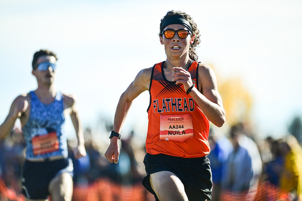 Flathead's Robbie Nuila nears the finish line in the Class AA boys race at the state cross country meet at Rebecca Farm on Saturday, Oct. 21. (Casey Kreider/Daily Inter Lake)