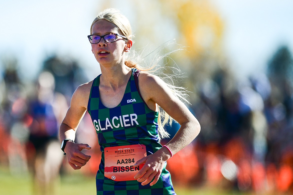 Glacier's Lauren Bissen runs the course in the Class AA girls race at the state cross country meet at Rebecca Farm on Saturday, Oct. 21. (Casey Kreider/Daily Inter Lake)