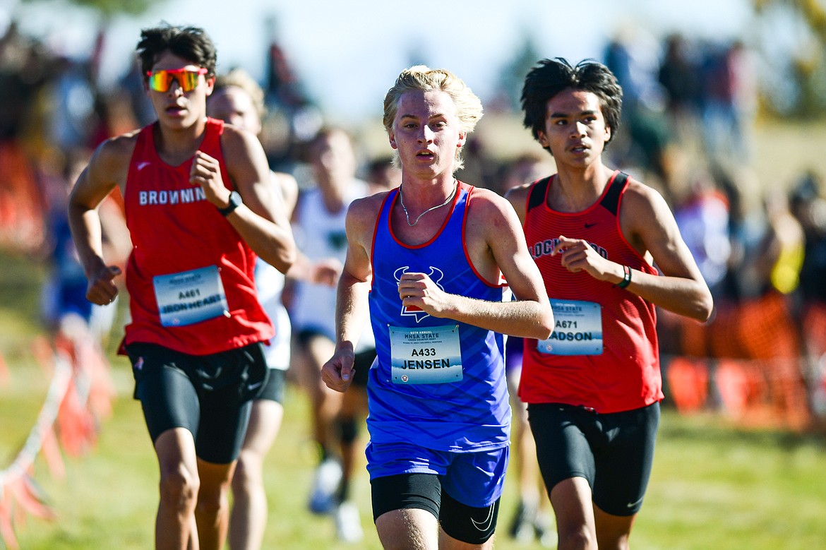 Bigfork's Jack Jensen runs the course in the Class A boys race at the state cross country meet at Rebecca Farm on Saturday, Oct. 21. (Casey Kreider/Daily Inter Lake)