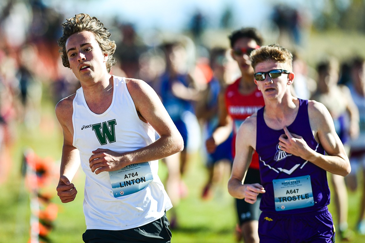 Whitefish's Deneb Linton runs the course in the Class A boys race at the state cross country meet at Rebecca Farm on Saturday, Oct. 21. (Casey Kreider/Daily Inter Lake)