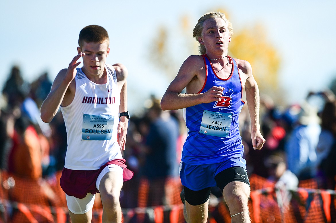 Bigfork's Jack Jensen nears the finish line in the Class A boys race at the state cross country meet at Rebecca Farm on Saturday, Oct. 21. (Casey Kreider/Daily Inter Lake)