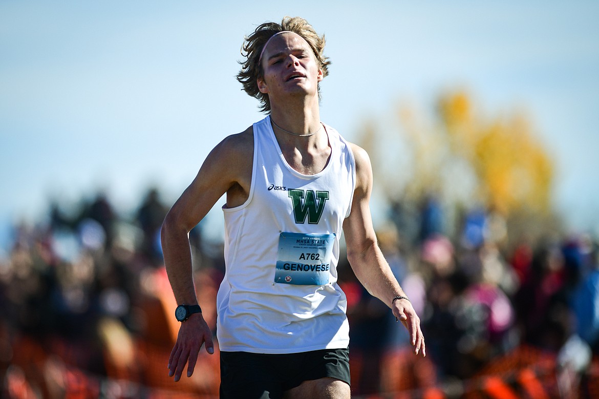 Whitefish's Mason Genovese nears the finish line in the Class A boys race at the state cross country meet at Rebecca Farm on Saturday, Oct. 21. (Casey Kreider/Daily Inter Lake)