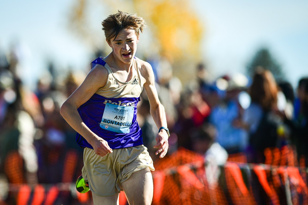 Polson's Jackson Bontadelli nears the finish line in the Class A boys race at the state cross country meet at Rebecca Farm on Saturday, Oct. 21. (Casey Kreider/Daily Inter Lake)