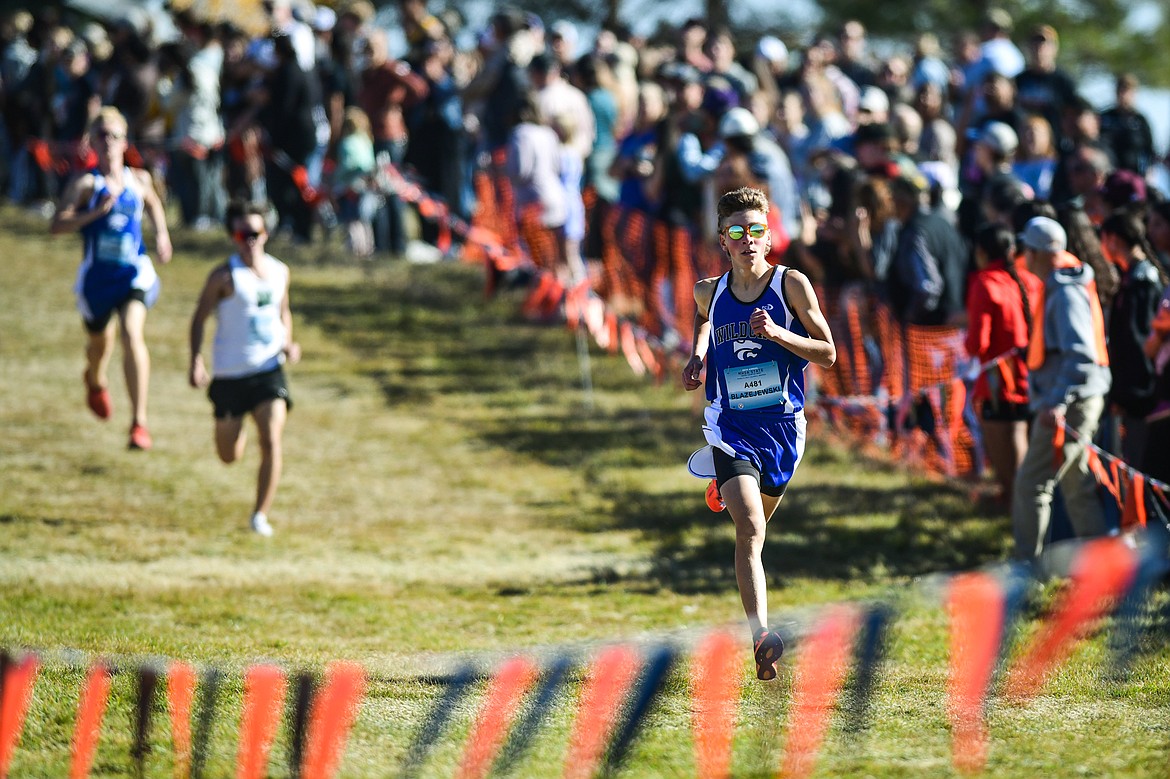 Columbia Falls River Blazejewski nears the finish line in the Class A boys race at the state cross country meet at Rebecca Farm on Saturday, Oct. 21. (Casey Kreider/Daily Inter Lake)