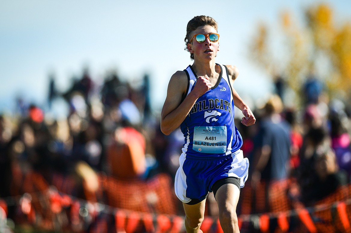 Columbia Falls River Blazejewski nears the finish line in the Class A boys race at the state cross country meet at Rebecca Farm on Saturday, Oct. 21. (Casey Kreider/Daily Inter Lake)