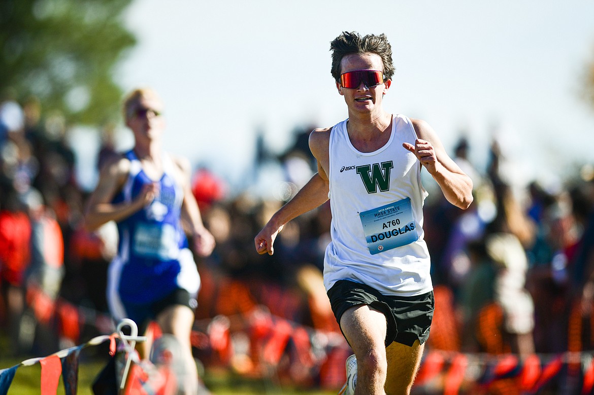 Whitefish's Simon Douglas nears the finish line in the Class A boys race at the state cross country meet at Rebecca Farm on Saturday, Oct. 21. (Casey Kreider/Daily Inter Lake)