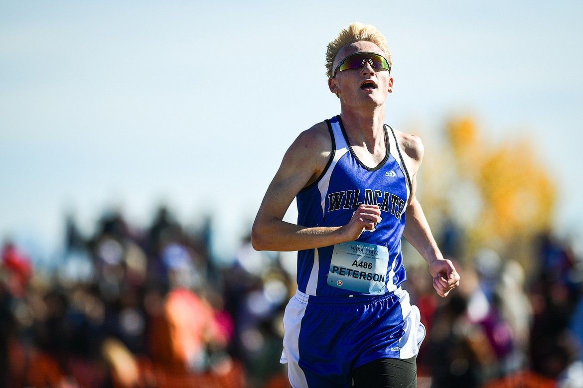 Columbia Falls Logan Peterson nears the finish line in the Class A boys race at the state cross country meet at Rebecca Farm on Saturday, Oct. 21. (Casey Kreider/Daily Inter Lake)