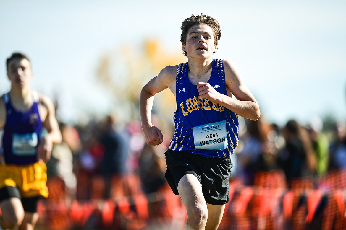 Libby's Cody Watson nears the finish line in the Class A boys race at the state cross country meet at Rebecca Farm on Saturday, Oct. 21. (Casey Kreider/Daily Inter Lake)