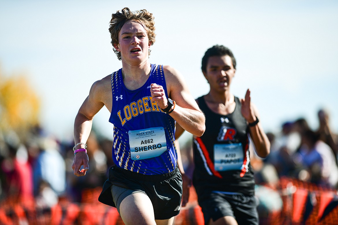 Libby's Rowen Sherbo nears the finish line during the Class A boys race at the state cross country meet at Rebecca Farm on Saturday, Oct. 21. (Casey Kreider/Daily Inter Lake)