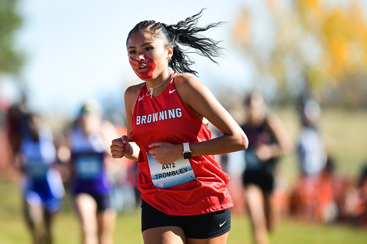 Browning's Teslin Trombley runs the course during the Class A girls race at the state cross country meet at Rebecca Farm on Saturday, Oct. 21. (Casey Kreider/Daily Inter Lake)