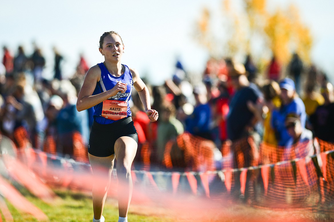 Gallatin's Claire Rutherford nears the finish line in the Class AA girls race at the state cross country meet at Rebecca Farm on Saturday, Oct. 21. (Casey Kreider/Daily Inter Lake)