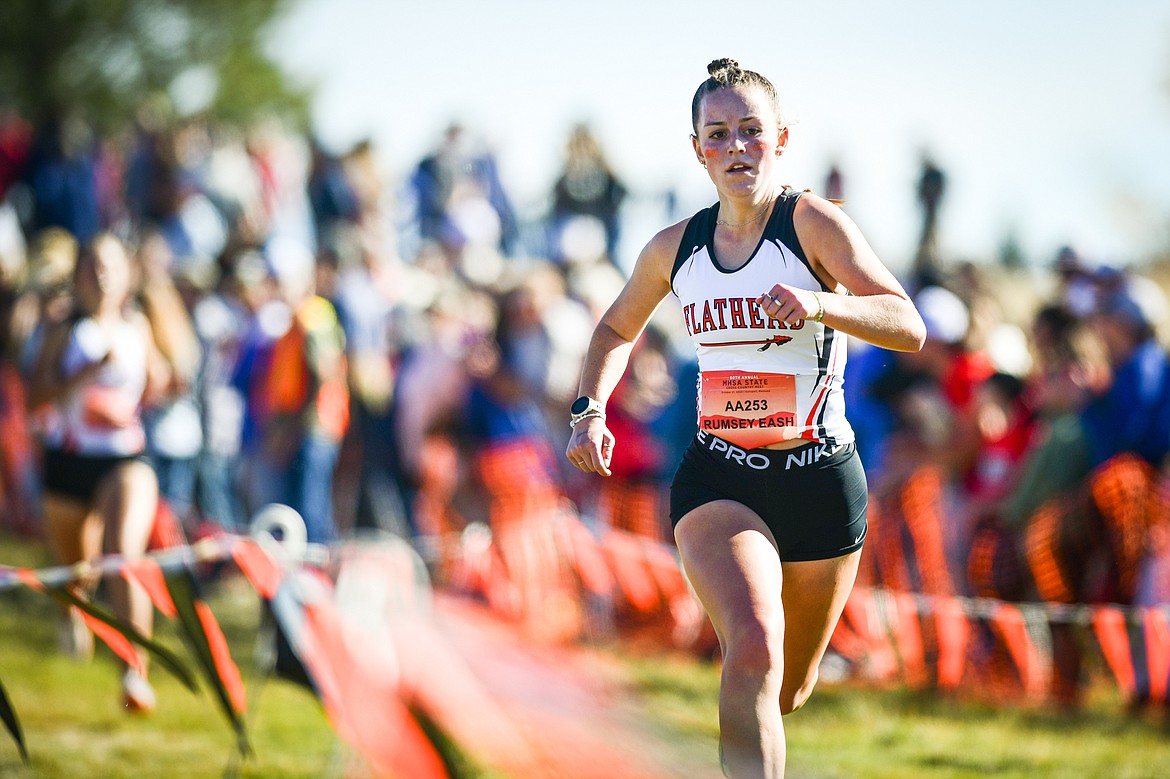 Flathead's Lilli Rumsey Eash nears the finish line in the Class AA girls race at the state cross country meet at Rebecca Farm on Saturday, Oct. 21. (Casey Kreider/Daily Inter Lake)