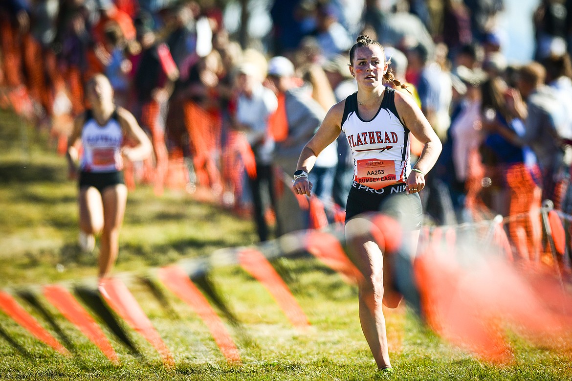 Flathead's Lilli Rumsey Eash nears the finish line in the Class AA girls race at the state cross country meet at Rebecca Farm on Saturday, Oct. 21. (Casey Kreider/Daily Inter Lake)