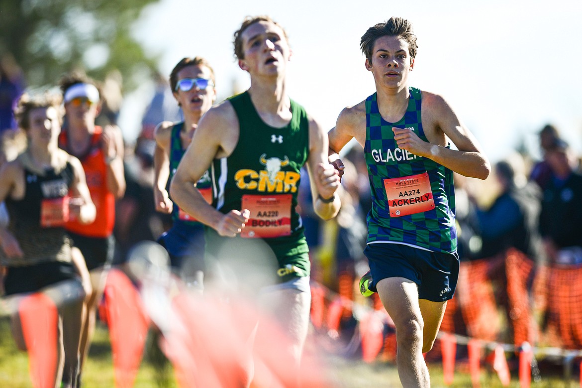 Glacier's Gabe Ackerly nears the finish line in the Class AA boys race at the state cross country meet at Rebecca Farm on Saturday, Oct. 21. (Casey Kreider/Daily Inter Lake)