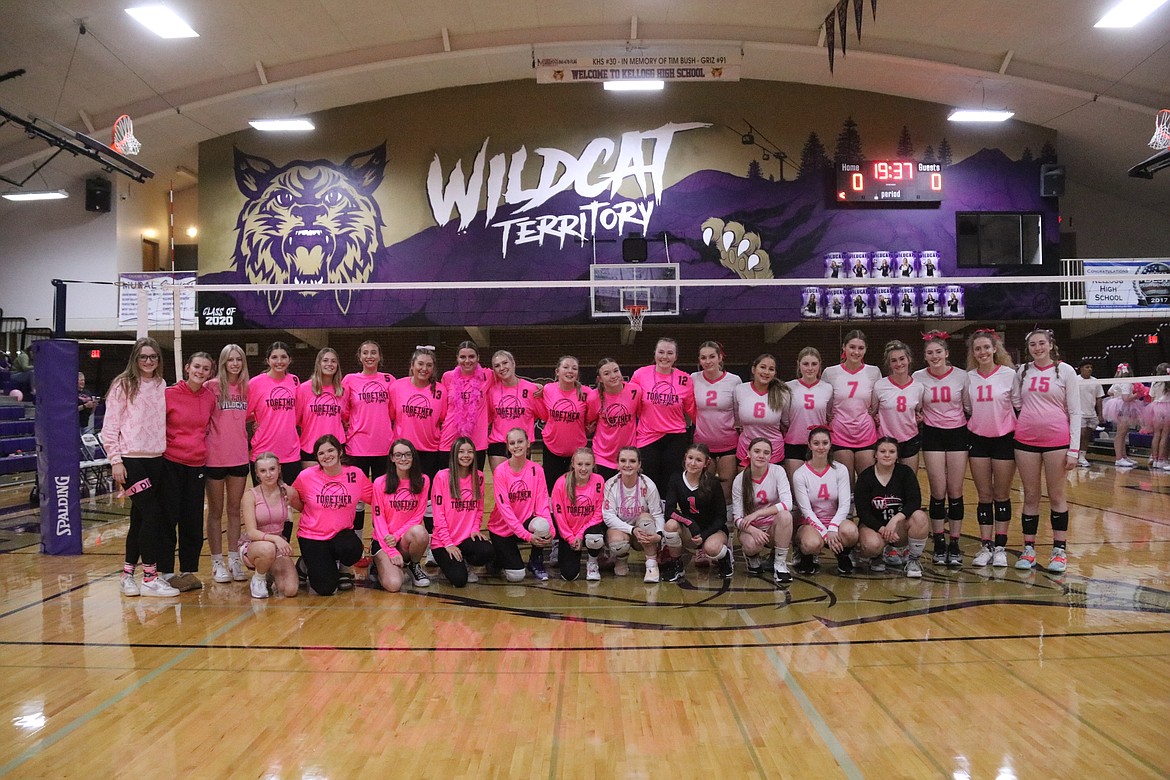 The Kellogg and Wallace High School volleyball teams took a group photo during their annual Dig Pink event a few weeks ago at Kellogg High School. Both teams had exceptionally successful seasons, won their leagues, and district tournaments. The Wildcats (in pink shirts on the left) will be playing in the 2A State Tournament this weekend, while the Miners will be in the 1A D1 Tournament.