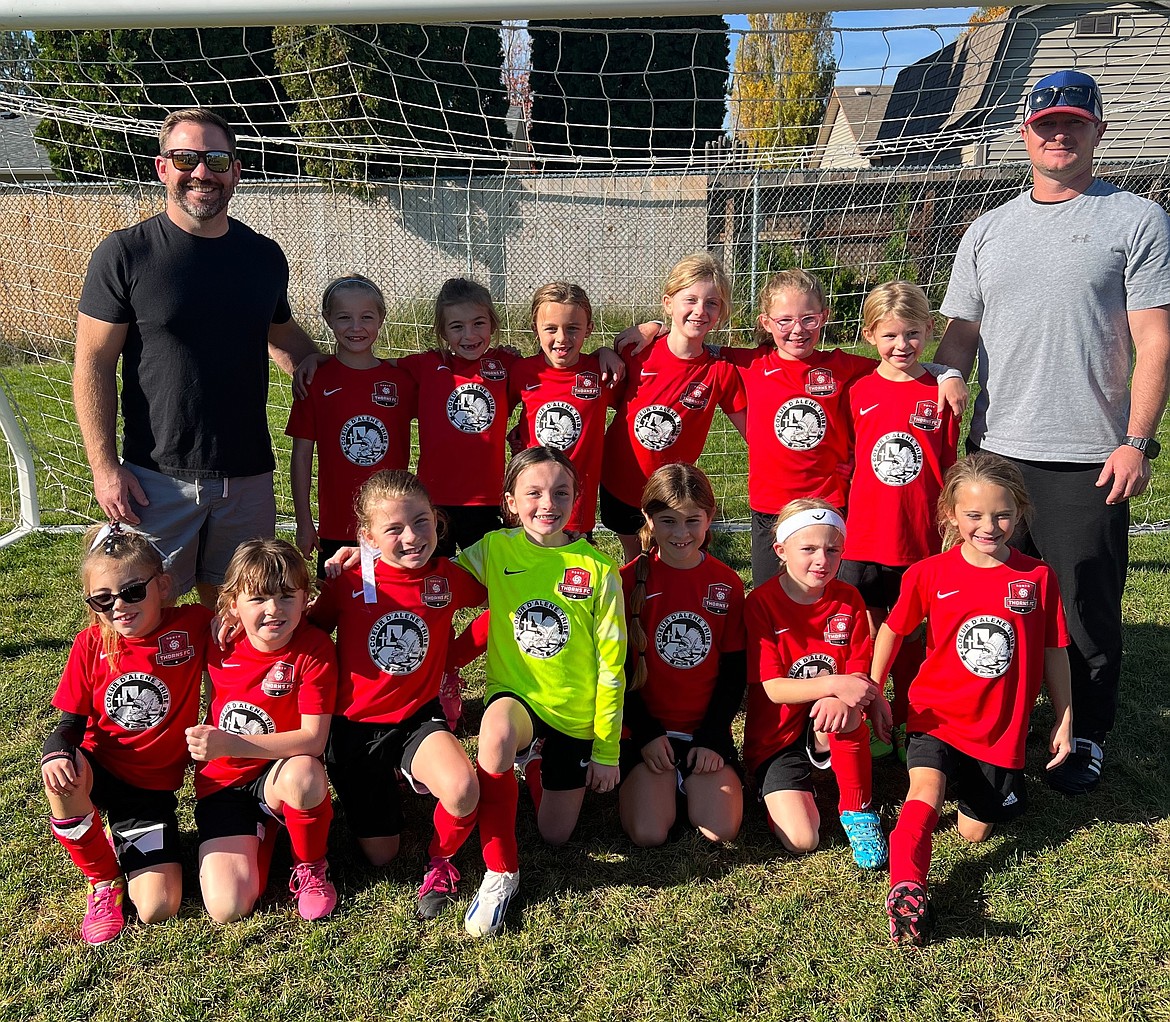 Courtesy photo
The Thorns 2015 girls soccer team went 3-0 last weekend at Hayden Meadows Elementary, all 1-0 victories over the WE Surf G15 (twice) and the Spokane Sounders G15. Thorns goals were scored by London Tierney, Beckett Murphey and June Greene. In the front row from left are Charlotte Nelson, Genevieve Olivier, Hailey Gurgel, Addison Conley, Nora Havercroft, London Tierney and June Greene; and back row from left, Memphis Tate, Beckett Murphey, Lola Peterson, Tatum Chesnut, Kit Fields and Isla Shupe.