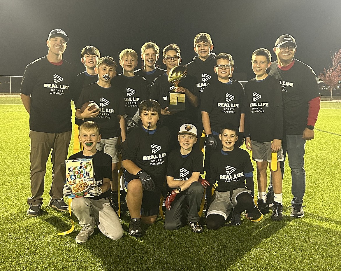 Courtesy photo
The Afterburners won the 5th/6th grade football championship in Real Life Sports. In the front row from left are Lawson Roberg, Broody Paragamian, Dylan Baune and Caden Teal; and back row from left, coach Troy Roberg, Owen Weber, Alexander Mendenhall, Parker Lang, Carson Perkins, Porter Berend, Jeremiah Correa, Peter Ratcliffe and coach Eric Correa.