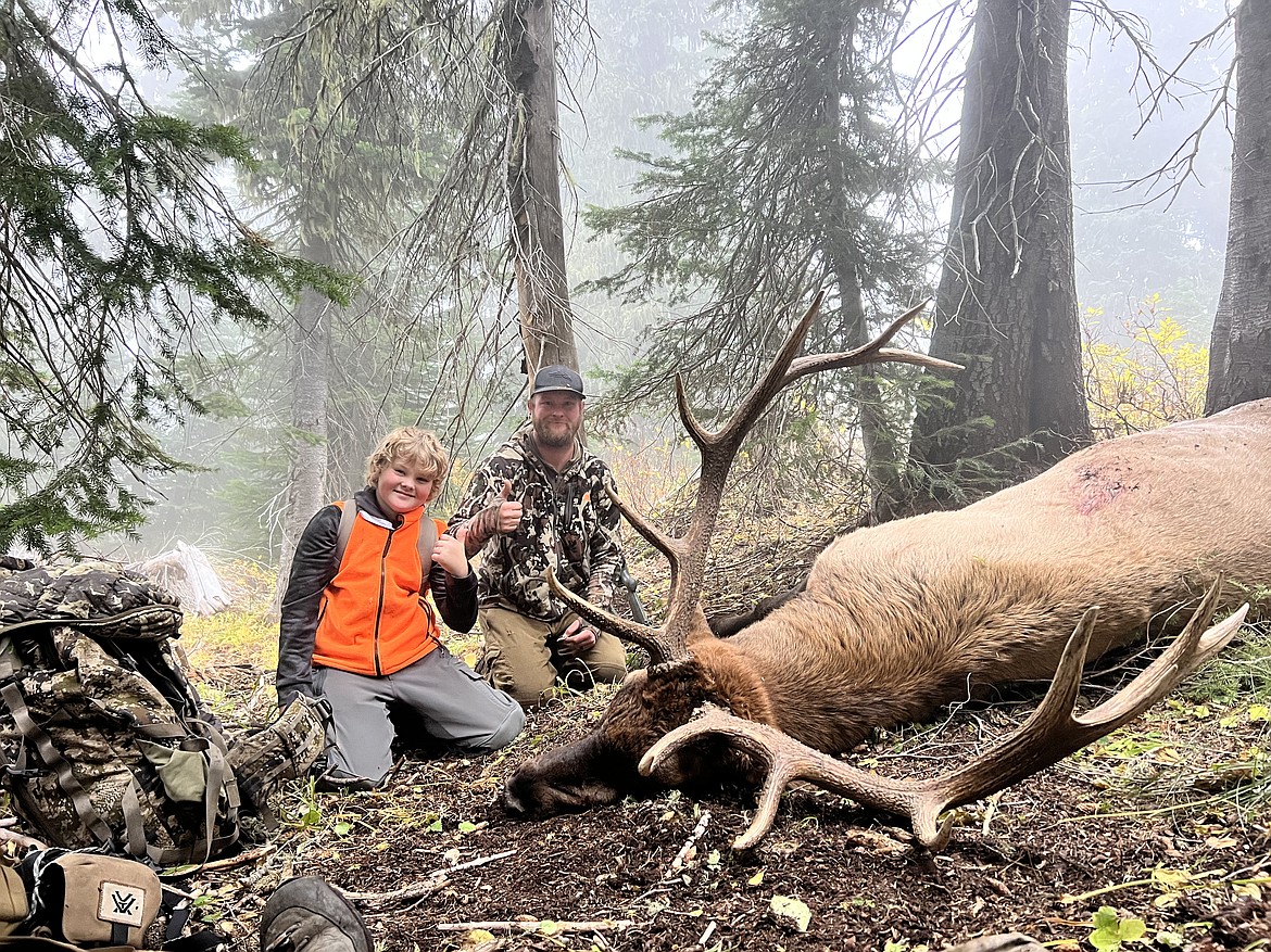 Tycen Koberstein, 11, is pictured with a 6x7 bull scoring 337 that he shot on opening day of rifle season in North Idaho with his dad Ryan Koberstein and Uncle Trevor Koberstein.