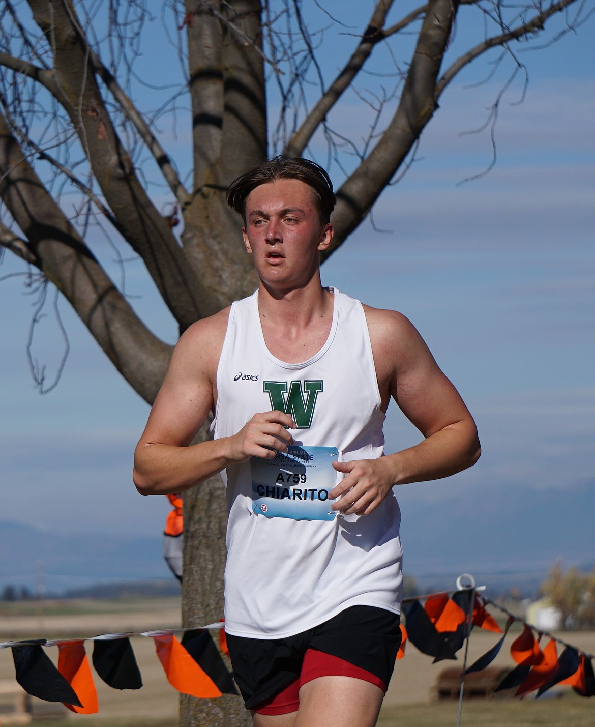 Whitefish Senior Zach Chiarito ascends the final hill at Rebecca Farm in Kalispell on Saturday. (Matt Weller photo)