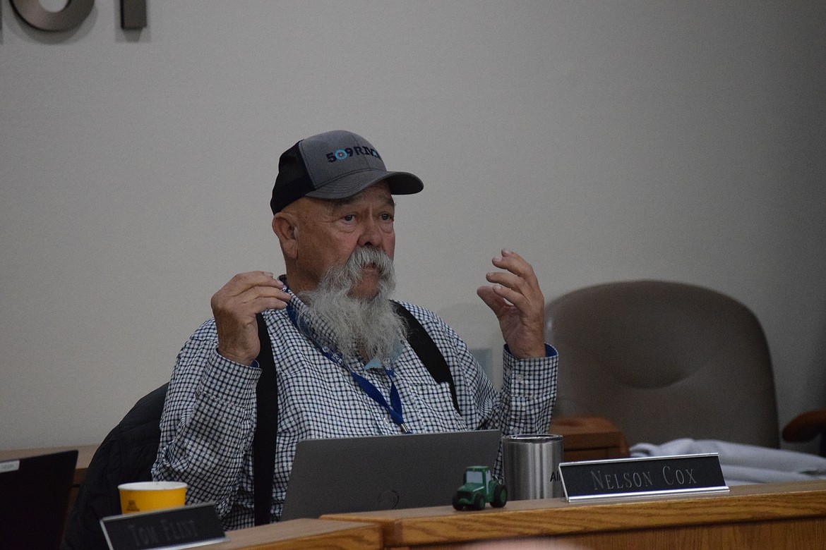 Grant County PUD board president Nelson Cox, pictured, during the Oct. 24 PUD meeting. Cox said he believed he had to use what he called “shock and awe” to get community participation in the development of rate-setting policies.