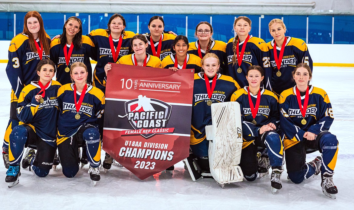 Courtesy photo
The Coeur d’Alene Lady Thunder 16U hockey team won their second championship of the season, this one at the U18 AA Pacific Coast Female Rep Tournament last weekend in Richmond, British Columbia. In the front row from left are Elsa Jehle, Danika Johnson,  Samantha Taub, Remmy Kiltz,Aubry Borchers, Jessica Bobiles and Brooklyn Gentz; and back row from left, Ailey George, Brookelynn Christian, Logan Greene, Brooklyn Ingram, Norah Adoretti, Charlie Groff and Marissa Hyland. The tournament hosted over 50 teams across U13, U15, and U18 age divisions and from as far away as Ottawa. After three preliminary games and one intense semifinal with the Edmonton Pandas, the Lady Thunder jumped out to a 5-0 lead in the final and beat the Calgary Fire Red team 5-3 for the title.  
The Lady Thunder teams are comprised of North Idaho, Western Montana and Eastern Washington girls looking to play on female-only teams. Each age division has three teams: Red, Yellow, and Green. Red and Yellow teams play in the new local Frontier Girls Hockey League (FGHL) while the Coeur d'Alene Lady Thunder Green team is the elite team that plays in the National Girls Hockey League (NGHL), playing teams from the east coast. The Green team also attends Canadian tournaments. The 16U Lady Thunder Green team is currently ranked in the top 15 in the nation for AA teams. Next up for the Thunder is the CCM Girls World Invite in Detroit on Nov. 10-12.
