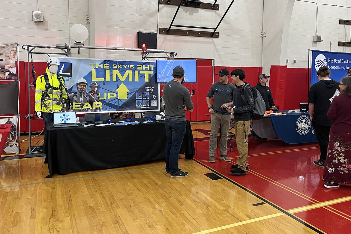 During the Lind-Ritzville and Washtucna Career Showcase Thursday, students speak with a representative of Legacy Telecommunications, whose Eastern Washington office is located in Ritzville.