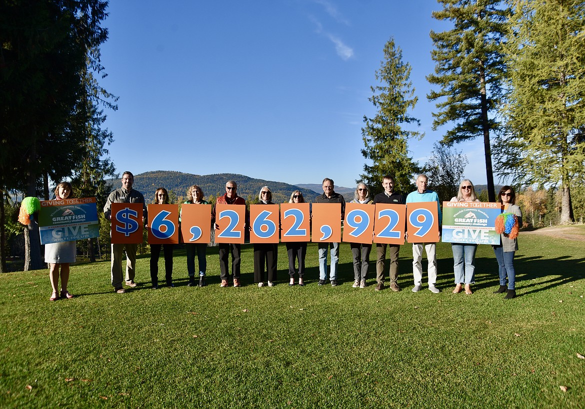 Whitefish Community Foundation members show off the final tally from the Great Fish Community Challenge fundraiser for local nonprofits. (Heidi Desch/Daily Inter Lake)